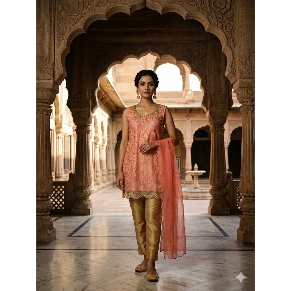 Hand Embroidered Indian Tunic Short Kurti Coral Gold Sequin Floral Pearl Hem S